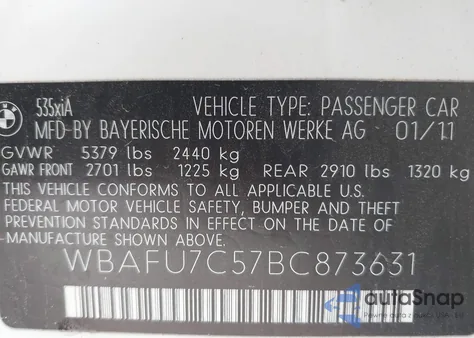 2011 BMW 535I xDrive z USA, uszkodzony, nr VIN WBAFU7C57BC873631